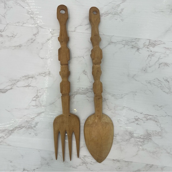 VINTAGE MCM hand carved wooden tribal tiki salad serving SPOON & FORK - Picture 2 of 4